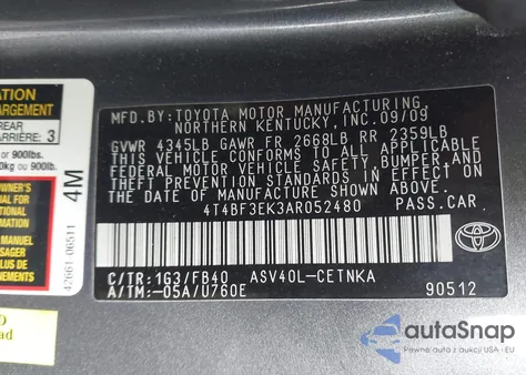 2010 Toyota Camry Le z USA, uszkodzony, nr VIN 4T4BF3EK3AR052480